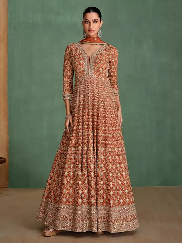 Georgette Sequins And Thread Embroidery Work Stunning Anarkali Gown With Dupatta