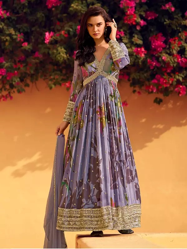 Chinon Floral Print Thread Embroidery Work Attractive Anarkali Gown For Festive Occasion