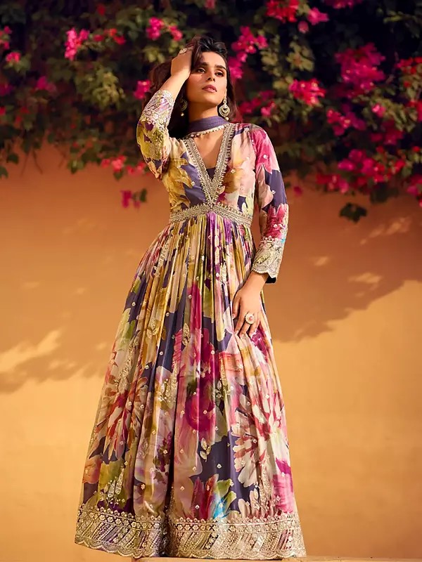 Chinon Multicolor All Over Floral Print And Embroidery Work Anarkali Gown With Dupatta
