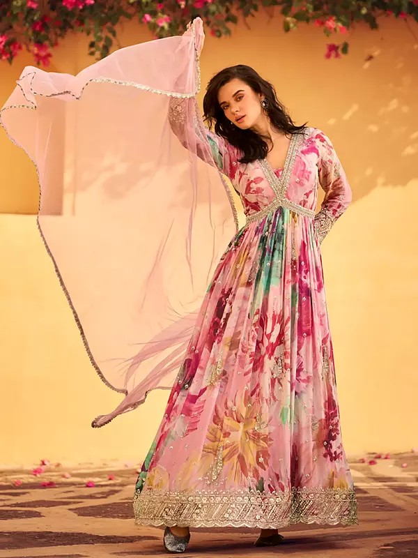 Designer Chinon Floral Print And Thread Embroidery Work Anarkali Gown For Casual Occasion