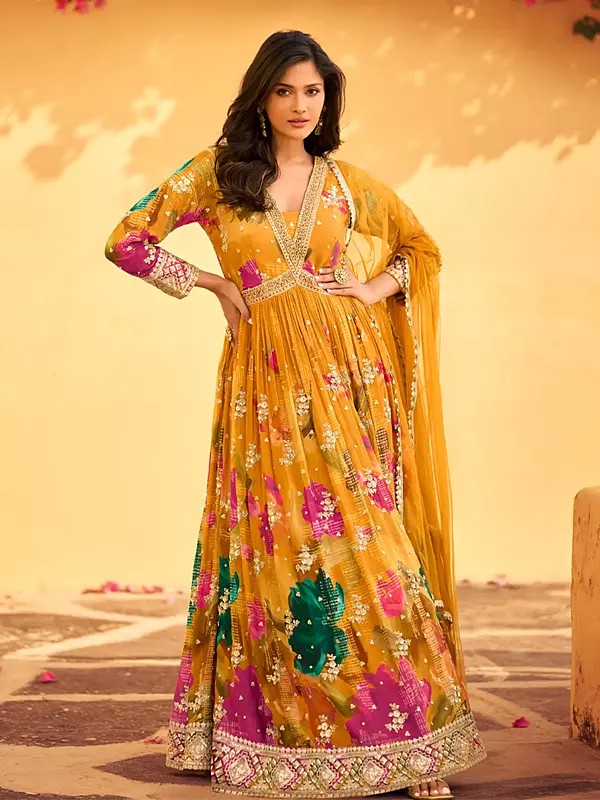 Elegant Floral Print And Thread Embroidery Work Chinon Anarkali Gown With Net Dupatta