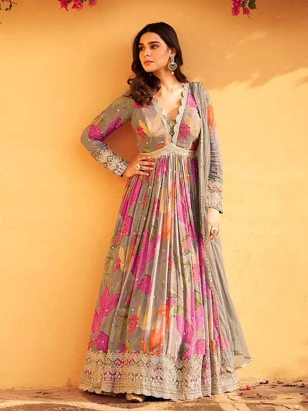 Stylish Thread Embroidery And Floral Print Festive Wear Chinon Anarkali Gown With Net Dupatta