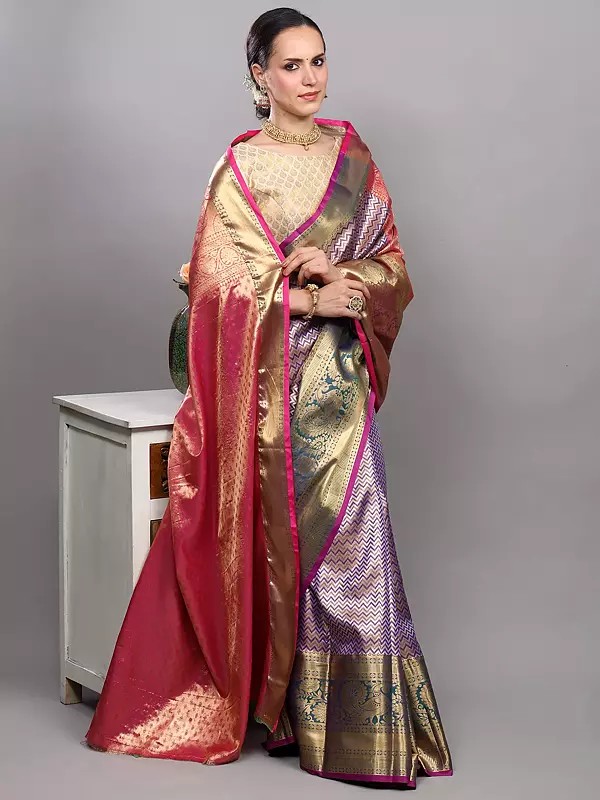 Prism-Violet Bridal Saree from Kumbakonam with Zari Brocaded Chevron Pattern and Peacock Wide Border