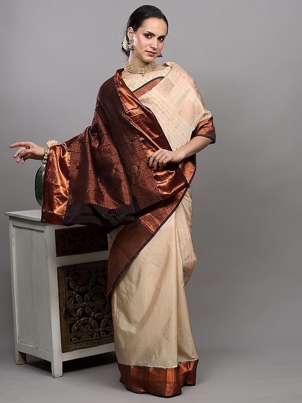Oyster-Gray Pure Silk Saree with Woven Copper Colored Thread work Paisleys and Contrast Border-Anchal from Bangalore