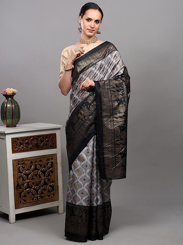 Mirage-Gray Banarasi Saree with Golden Foil Printed Pattern and Marriage Procession Pattern Border