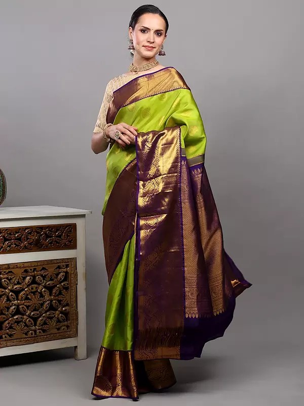 Apple-Green Pure Silk Saree with Zari woven Peacock-Paisley Bootis and Floral Vine Wide Border from Bangalore