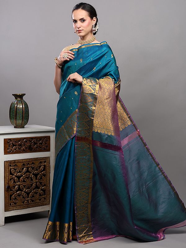 Ocean-Depths Bootis woven Pure Silk Saree from Bangalore with Golden Thread Weave on Border