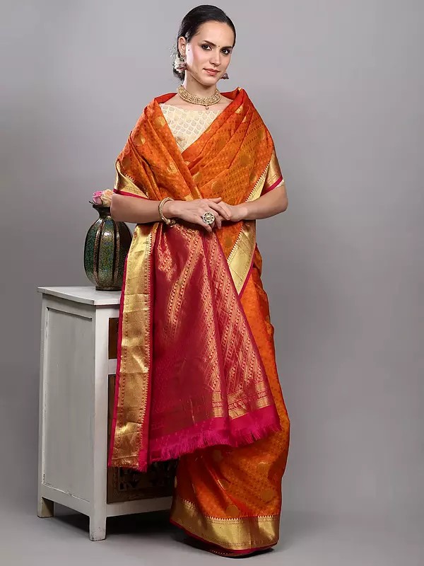 Golden-Ochre Pure Silk Handloom Saree from Bangalore with All-over Leaf Weave and Golden Border