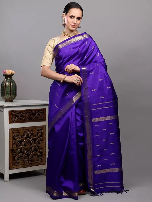 Persian-Indigo Pure Silk Saree with Zari Woven Bootis and Double Side Temple Border from Kumbakonam