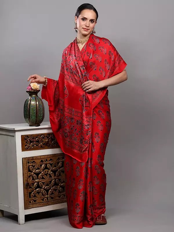 True-Red Silk Saree with Bagru Block Printed Floral Bootis from Madhya Pradesh