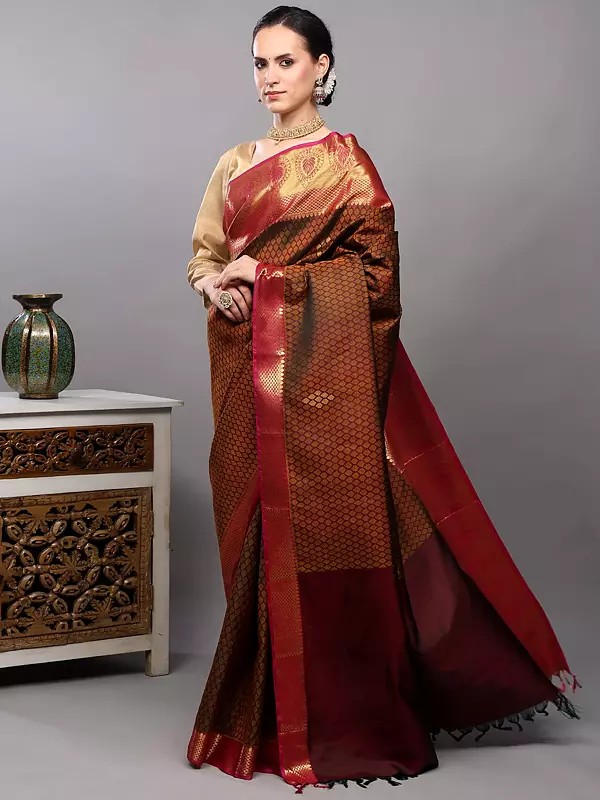 Ruby-Wine Pure Silk Handloom Saree with Golden Thread woven Bootis and Wide Border from Bangalore