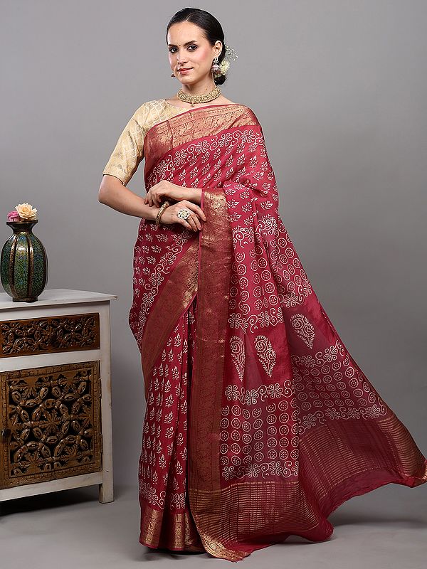 Baroque-Rose Dola Silk Saree with Dabu Block Printed Motifs and Zari Woven Paisley-Floral Border