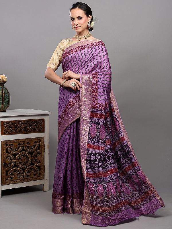 Regal-Orchid Dola Silk Saree with Printed Paisleys on All-over and Zari work Floral Vine Border