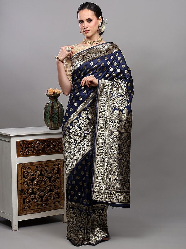 Estate-Blue Art Silk Banarasi Saree with Zari Brocaded Bootis and Floral Border