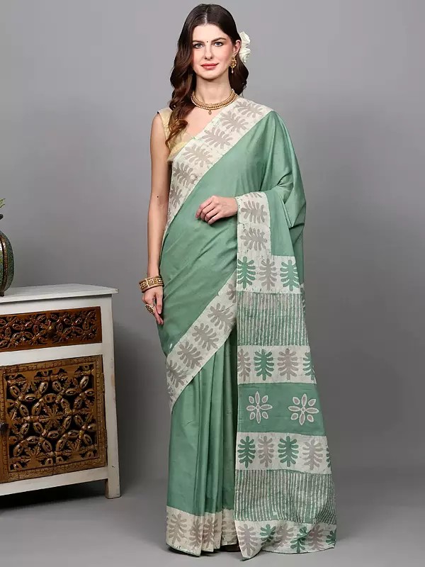 Batik Dyed Printed Pure Cotton Saree with Stripe Border from Gujarat