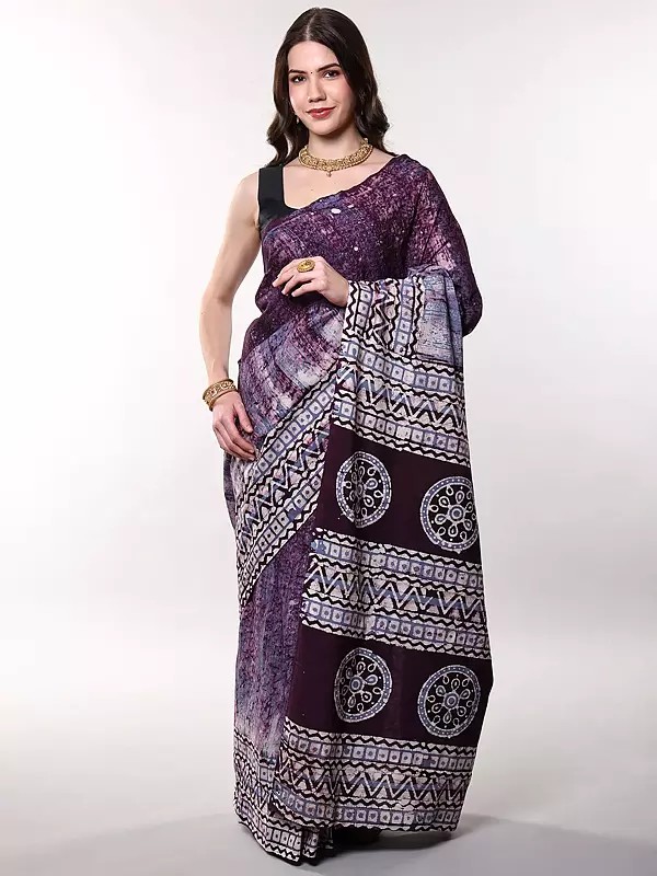 Pure Cotton Saree with Batik Prints and Stripe Border - Yellow Hue