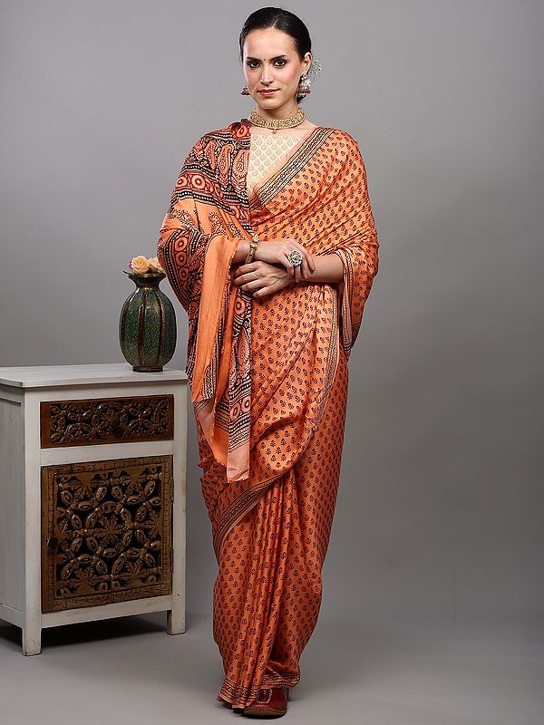 Papaya-Punch Bagh Block Printed Saree with Paisley Motif Pallu from Madhya Pradesh