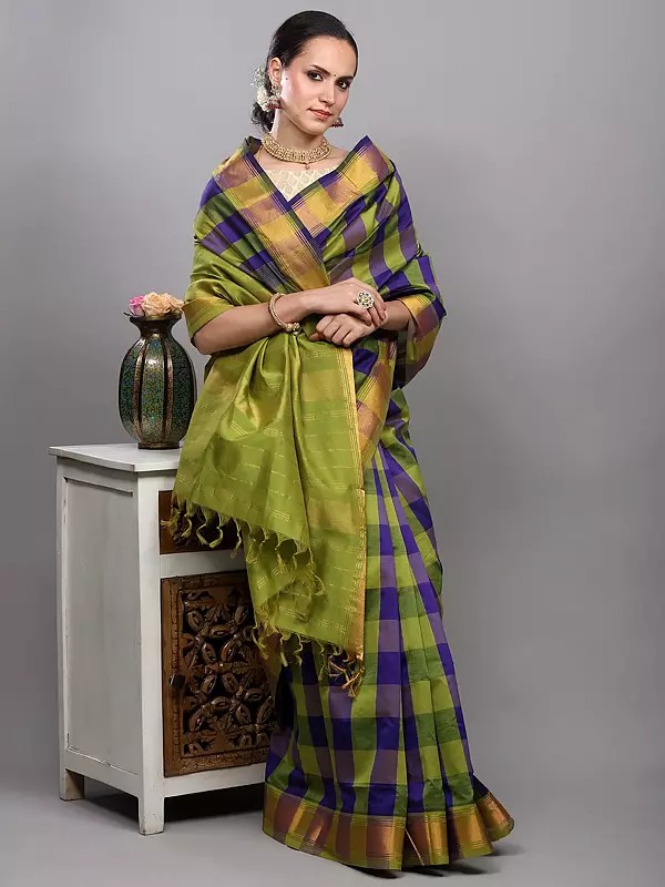 Blue and Green Buffalo Check woven Saree with Zari Thread Stripe Border from Bangalore