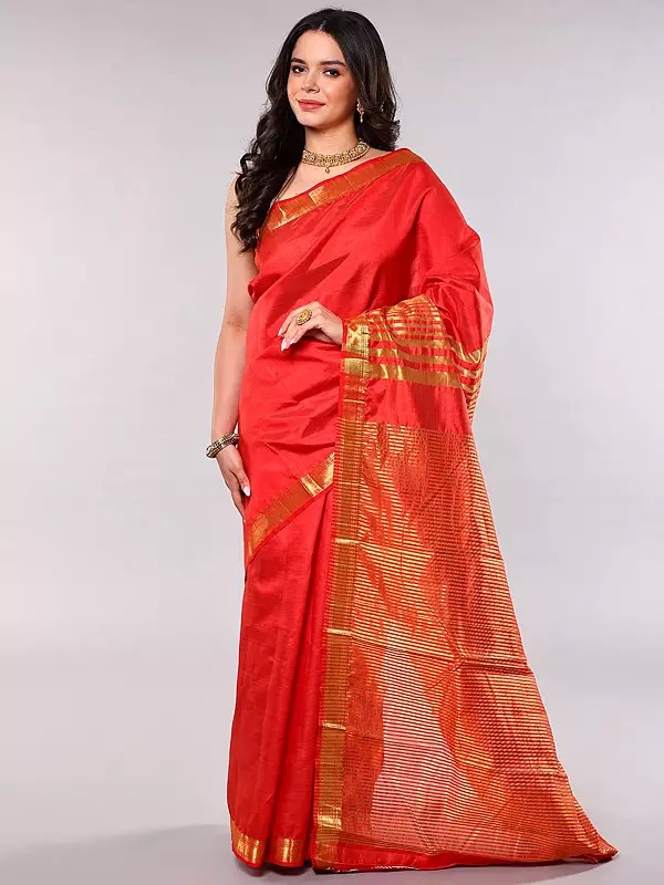 Tussar Silk Saree with Temple Border with Golden Thread woven Stripes on Anchal