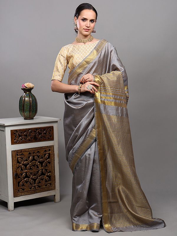 Neutral-Gray Tussar Silk Saree with Temple Border with Golden Thread woven Stripes on Anchal