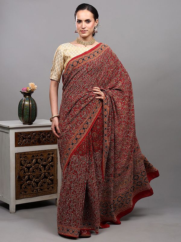 Rythmic-Red Sequins and Kantha Embroidered Crepe Saree with Printed Flowers