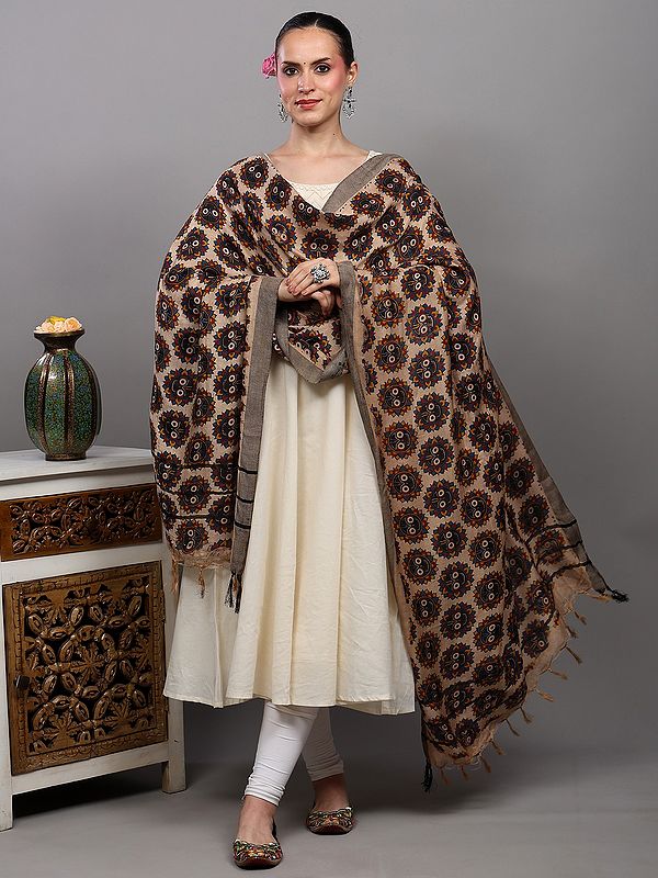 Novelle-Peach Kalamkari Prayer Stole with Printed Lord Jagannath Ji Face