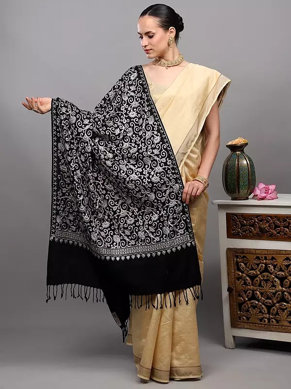 Wool Stole from Amritsar with Intricate Aari Embroidered Floral Vines on All-Over