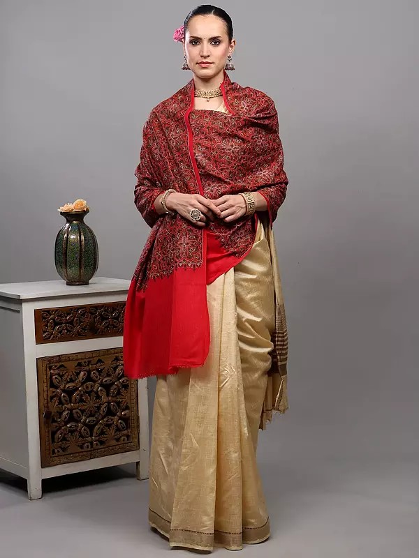 Diamond Weave Wool Stole with Heavy Embroidered Flowers and Paisleys Motifs from Amritsar