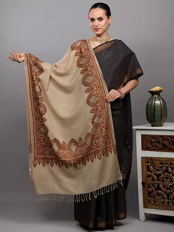 Wool Stole with Aari Embroidered Floral Border and Stone work from Amritsar