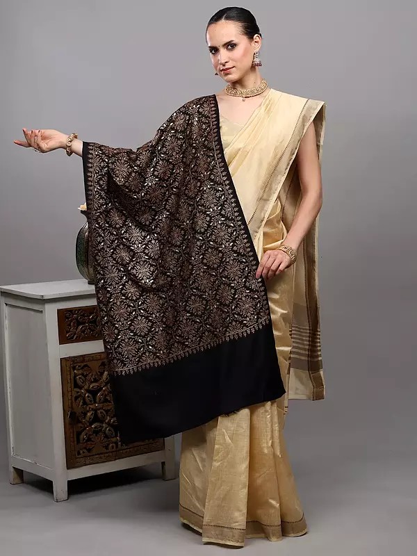 Wool Stole with Zari Embroidered Floral Arabesque Pattern and Diamond Weave from Punjab