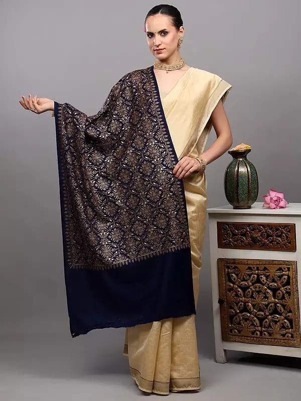 Wool Stole with Zari Embroidered Floral Arabesque Pattern and Diamond Weave from Punjab
