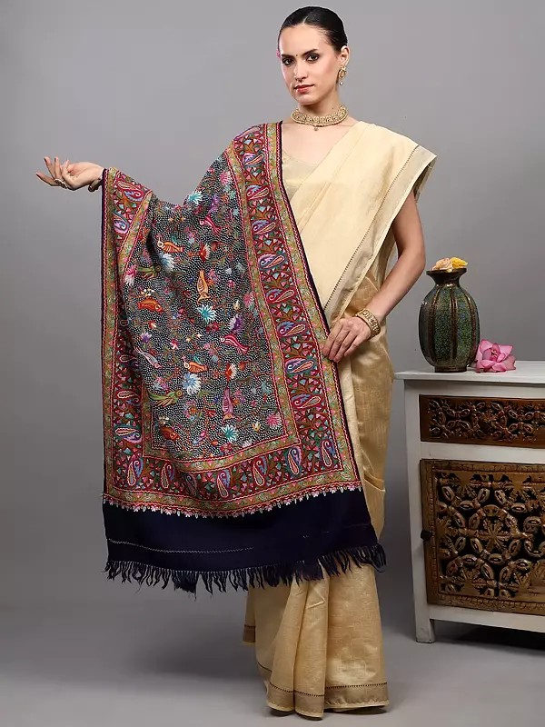 Patriot-Blue Pure Wool Kashmiri Shawl with Aari Hand-Embroidery of Birds on Tree Branches