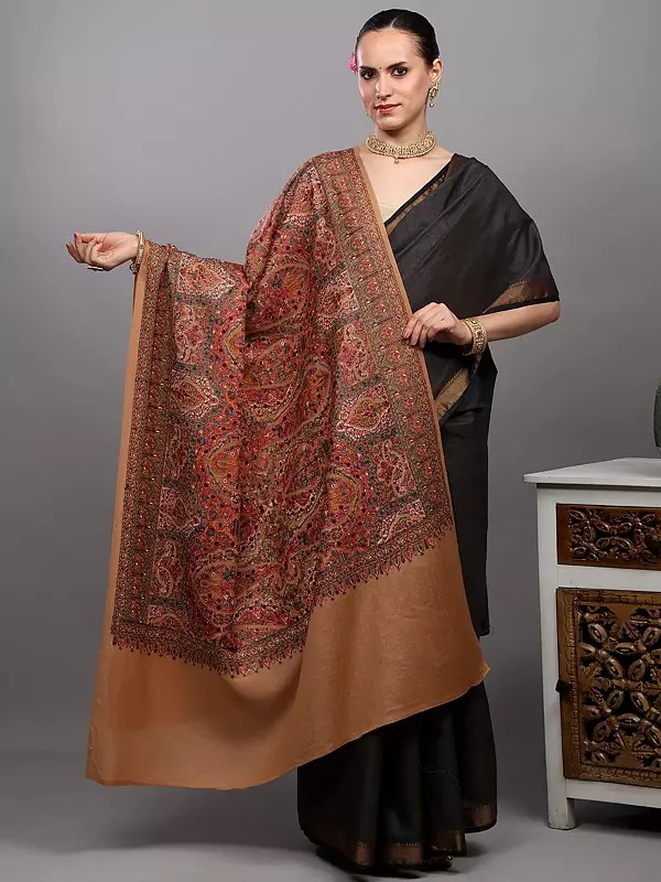 Pure Wool Shawl from Amritsar with Multicolor Thread Dense Embroidered Flowers and Paisleys