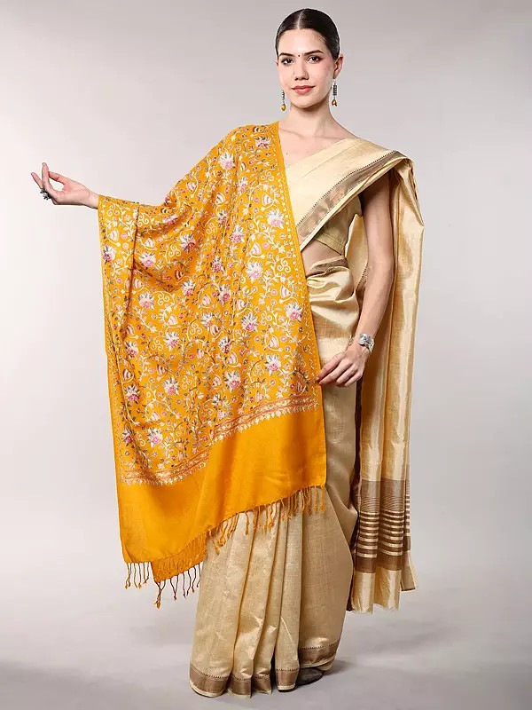 Stole from Punjab with Chain Stitch Embroidered Floral Jaal in Multicolor