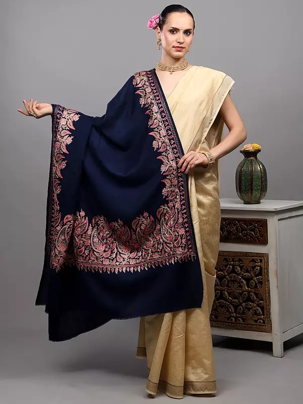 Aari Embroidered Wool Shawl from Amritsar with Paisleys Border