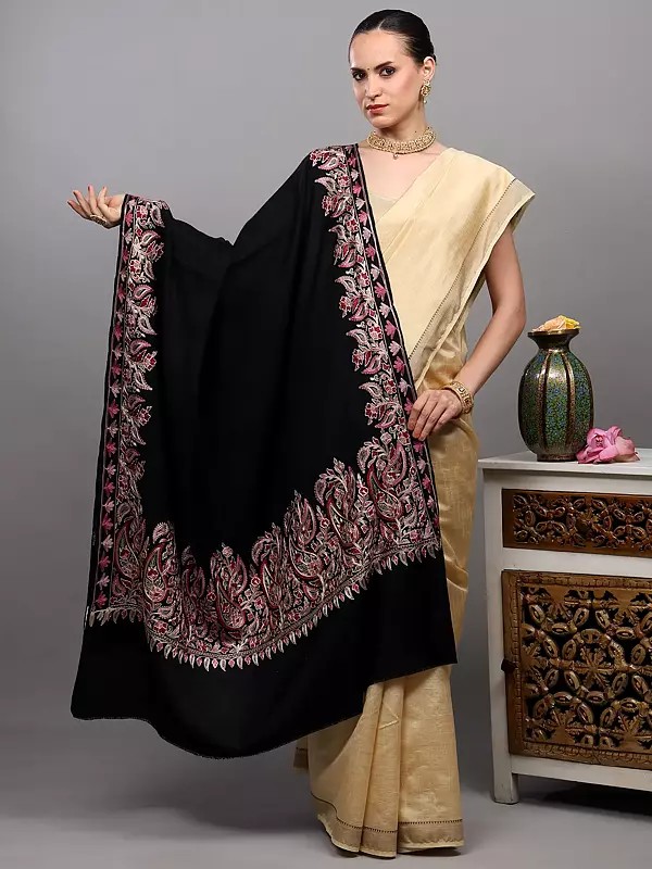 Aari Embroidered Wool Shawl from Amritsar with Paisleys Border