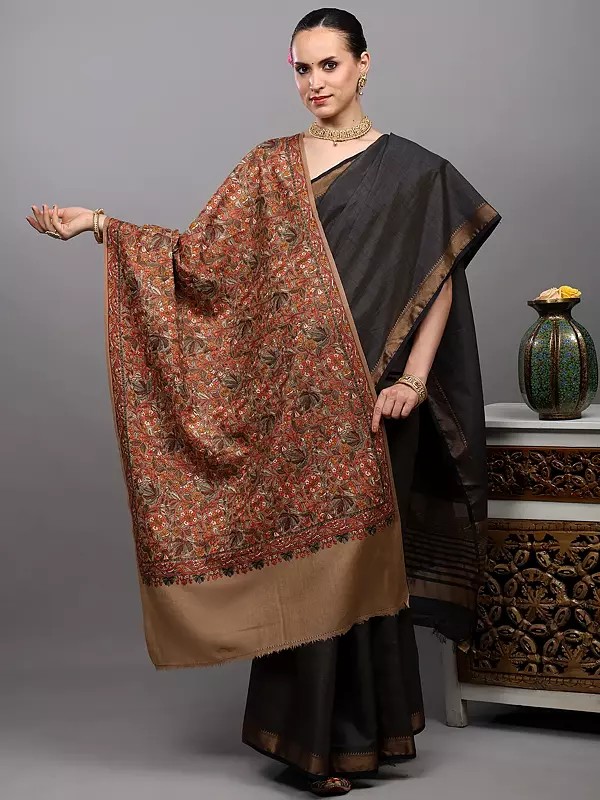 Ginger-Root Wool Stole from Amritsar with Dense Floral Embroidery with Diamond Weave