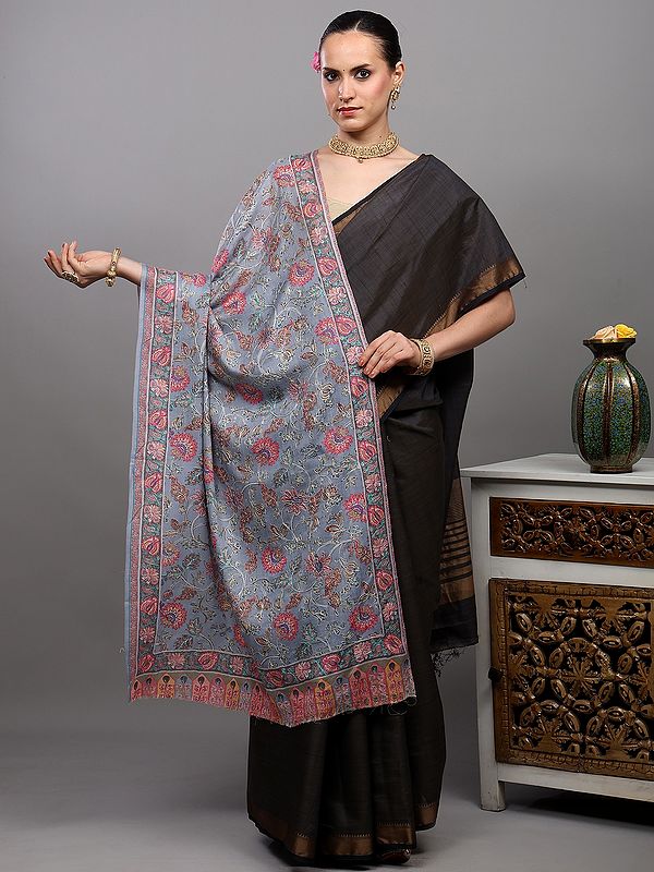 Zen-Blue Kani Stole with Chain Stitch Embroidered Flowers from Amritsar