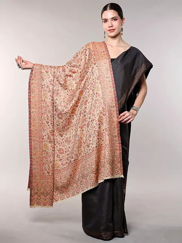 Black-Onyx Kani Jamawar Shawl from Amritsar with Woven Floral Jaal and Paisleys
