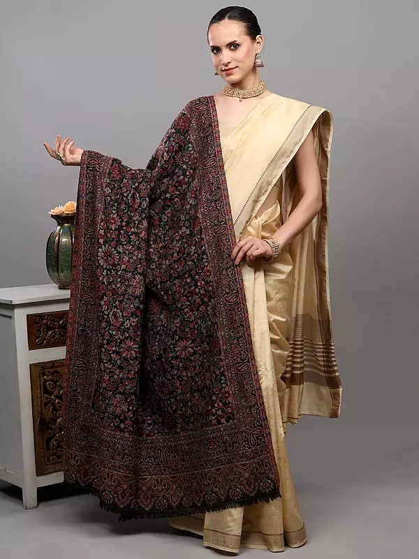 Black-Onyx Kani Jamawar Shawl from Amritsar with Woven Floral Jaal and Paisleys