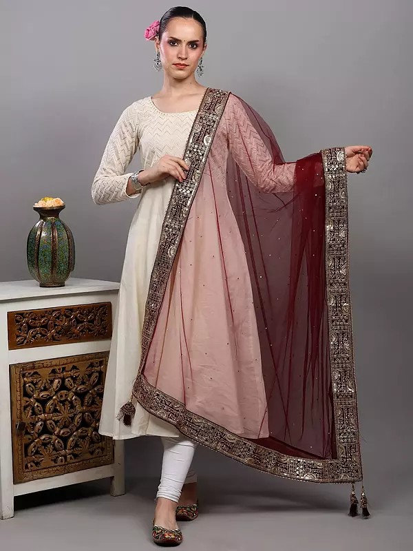 Sada Saubhagyawati Bhav Bridal Wedding Dupatta with Heavy Zari-Sequins Embroidered Border and Latkan