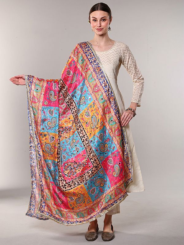 Printed Art Silk Dupatta with Bead-Mirror work and Lace Border from Amritsar