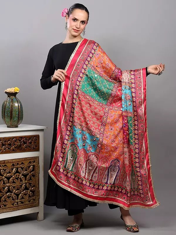 Multicolor Floral Printed Art Silk Dupatta with Bead-Mirror work and Lace Border from Amritsar