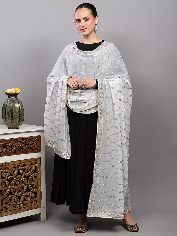 Bright-White Georgette Dupatta from Punjab with Zardozi-Sequins Embroidery