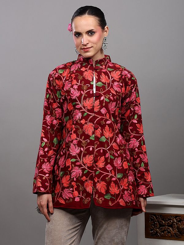 Rumba-Red Short Jacket from Kashmir with Aari Embroidered Maple Leaf Vines