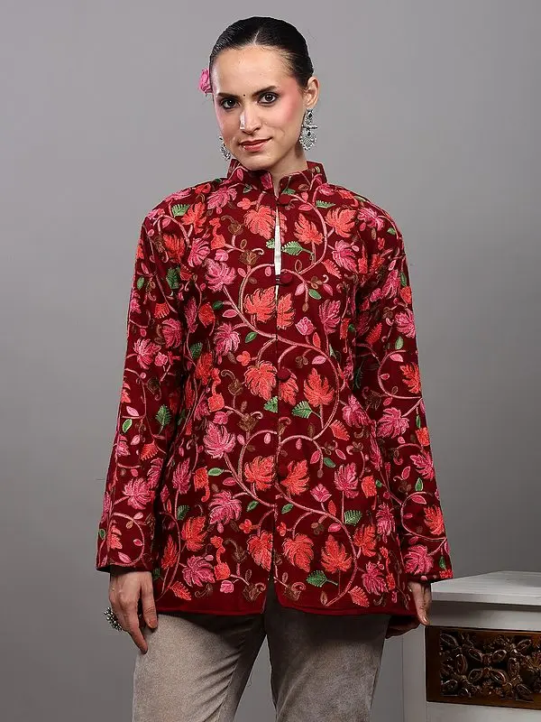 Rumba-Red Short Jacket from Kashmir with Aari Embroidered Maple Leaf Vines