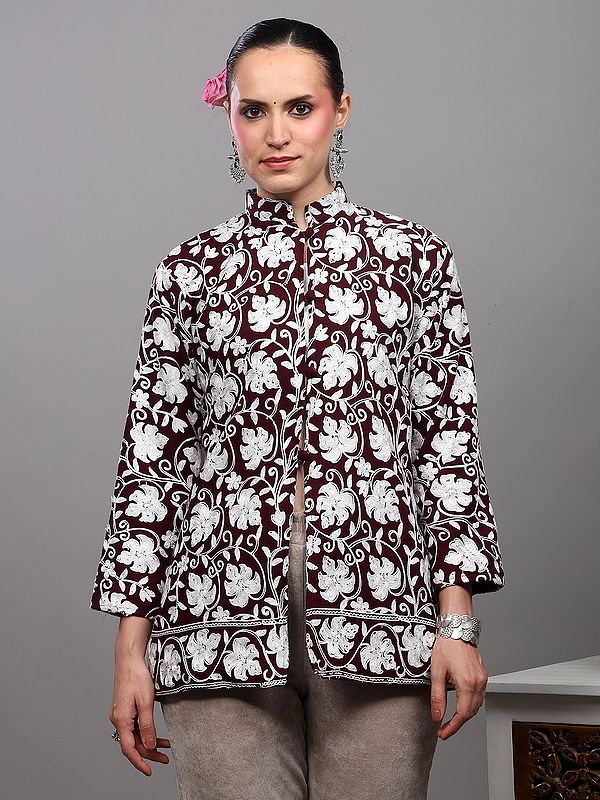 Kashmiri Short Jacket with Aari Embroidered Maple Leaves on All-over