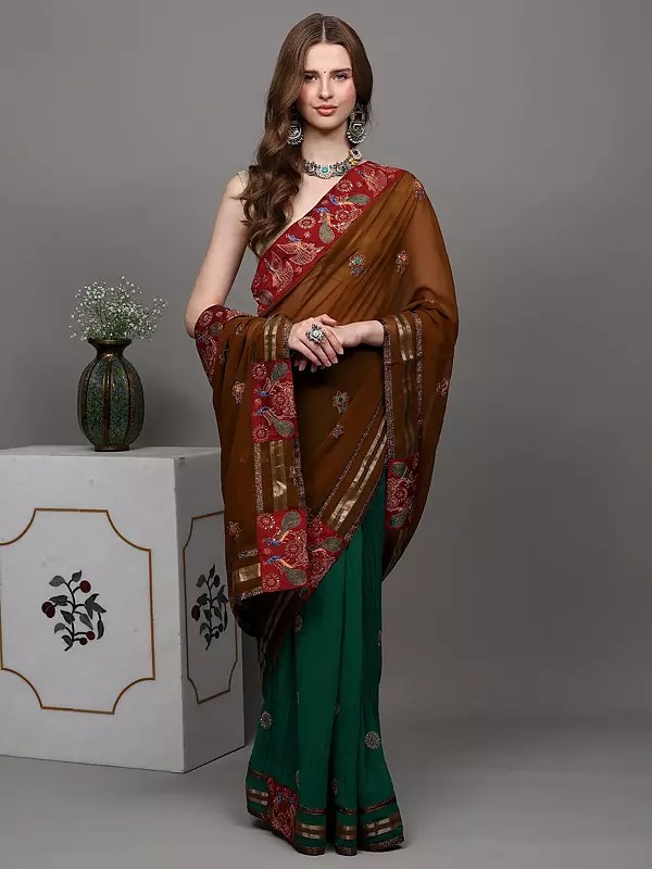 Sepia and Green Designer Saree with Sequins Embroidered as Flowers and Peacock Patch Border