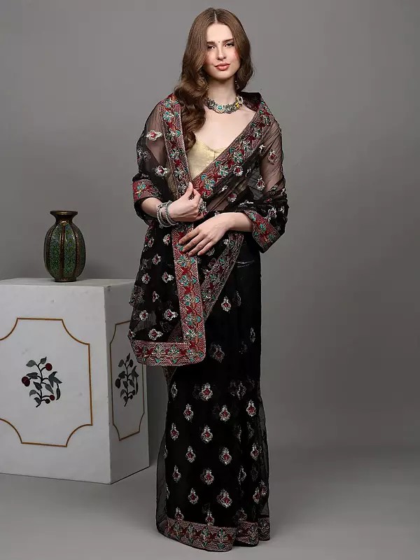 Black-Olive Shimmer Saree with Silver Thread-Sequins Embroidered Bootis All-Over and Patch Border