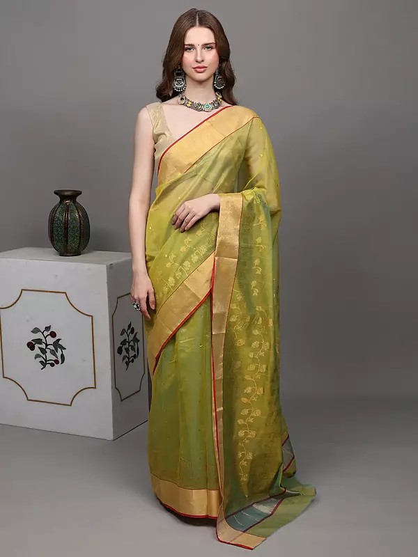 Jade-Lime Chanderi Saree with Hand Woven Flowers and Golden Border